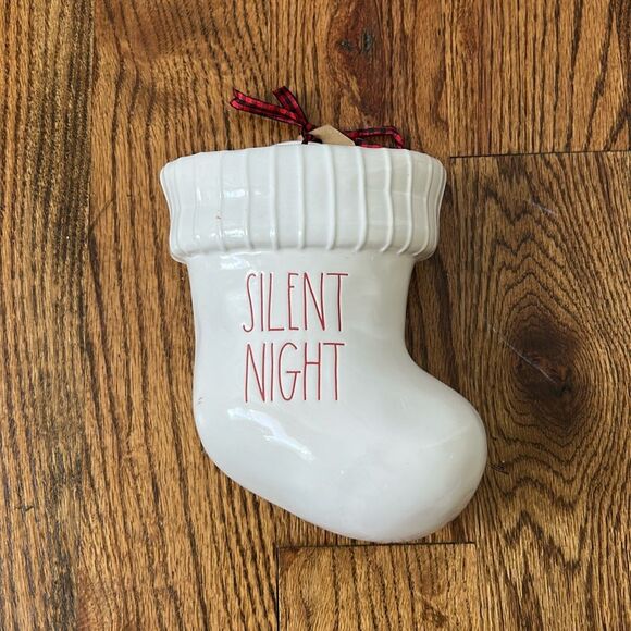 Rae Dunn SILENT NIGHT Ceramic Christmas Stocking Sits Flat or Hang White Red - Picture 1 of 4